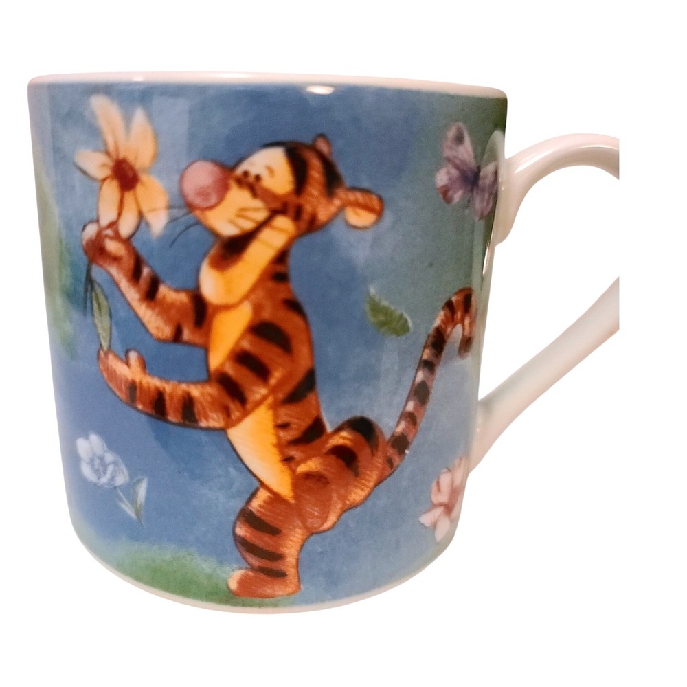 Disneys Simply Pooh and Tigger Flowers Butterflys Ceramic Coffee Mug Blue Green